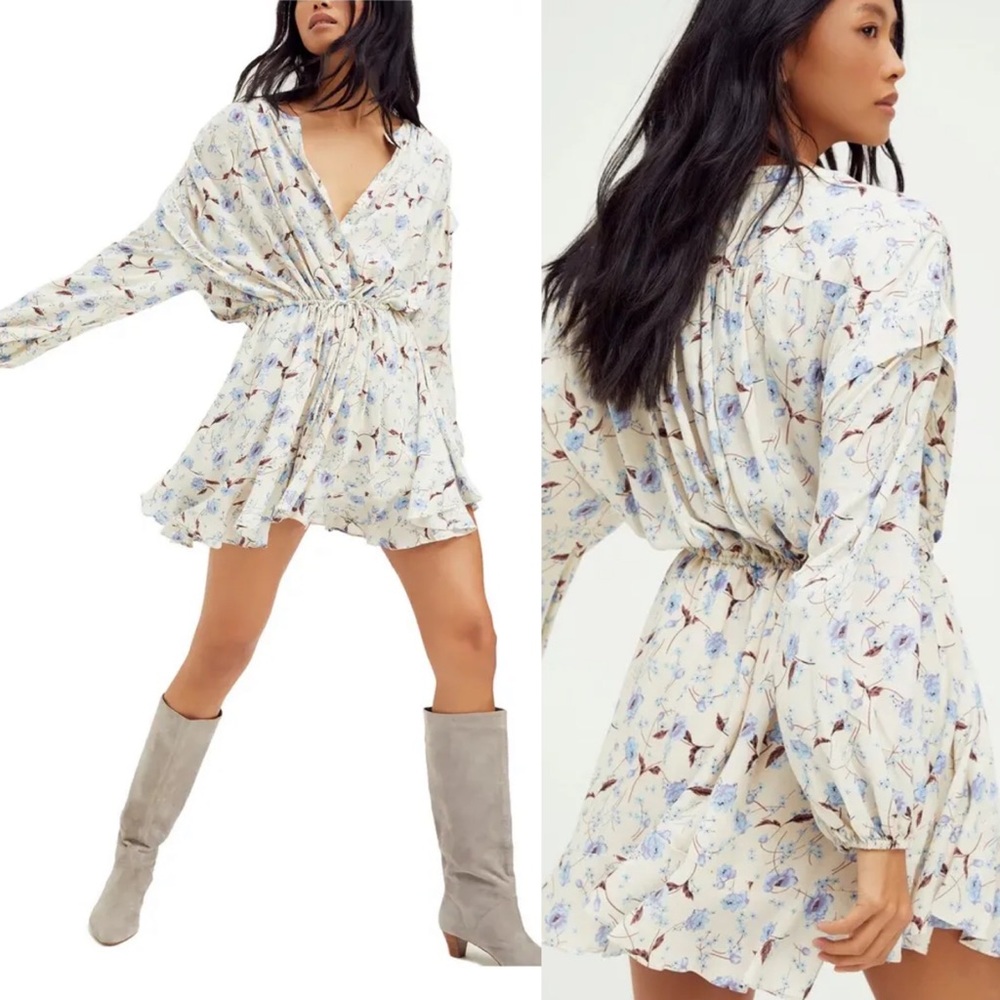 Free People Flower Fields Mini Dress In Ivory & Baby Blue M (fits like a L)